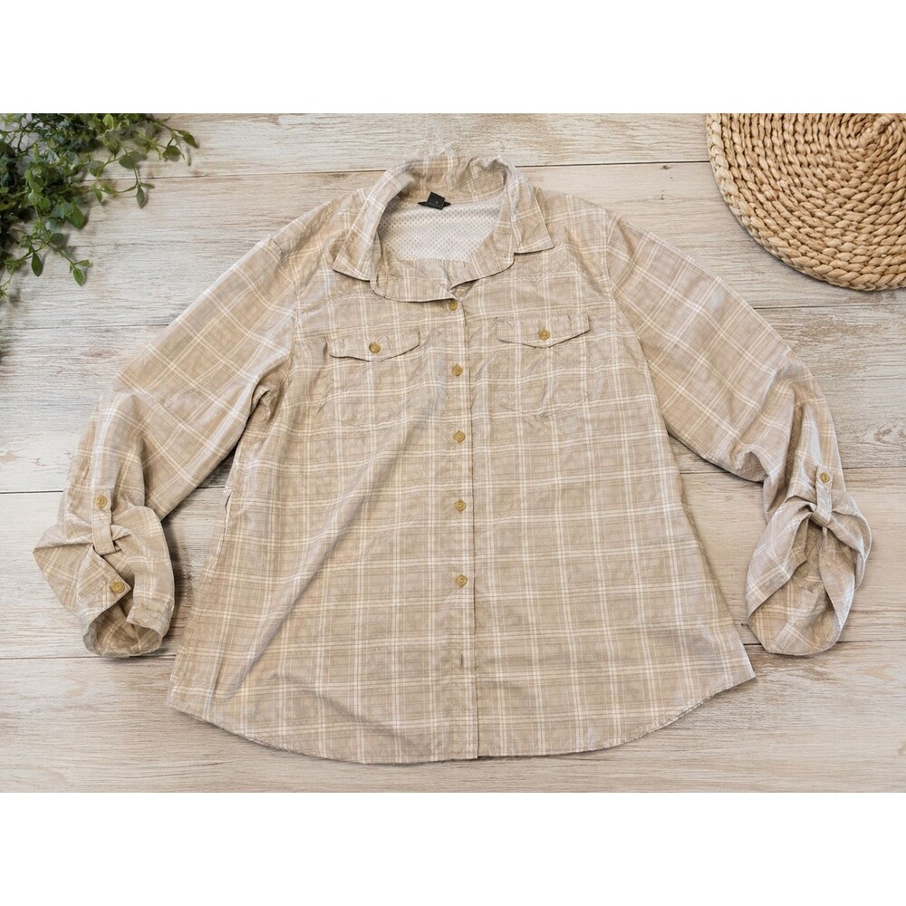Eddie Bauer Women's XL Plaid Vented Roll Tab Long Sleeve Hiking Shirt Beige